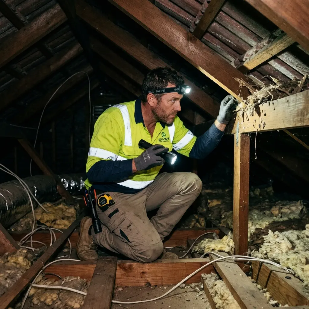 Technician inspecting a roof cavity for a dead animal in Menzies Creek