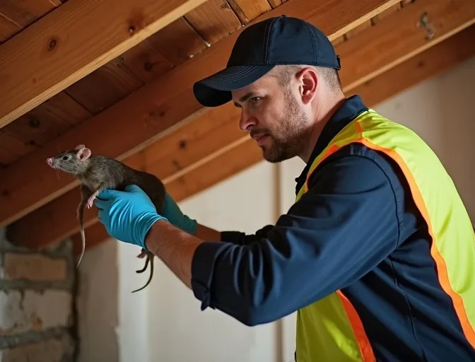 Technician inspecting a roof cavity for a dead rat in Menzies Creek